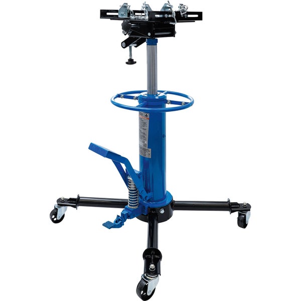 Hydraulischer Getriebeheber in Blau und Schwarz mit Fußpedal, vier Lenkrollen und verstellbarer Aufnahmeplatte.