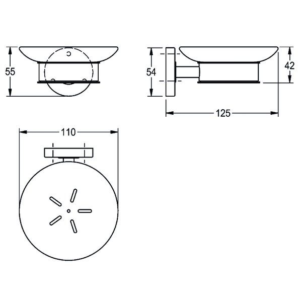 Maßzeichnung einer Wand-Seifenschale mit Abmessungen in Millimeter: Breite 110, Tiefe 125 und Höhe 55.