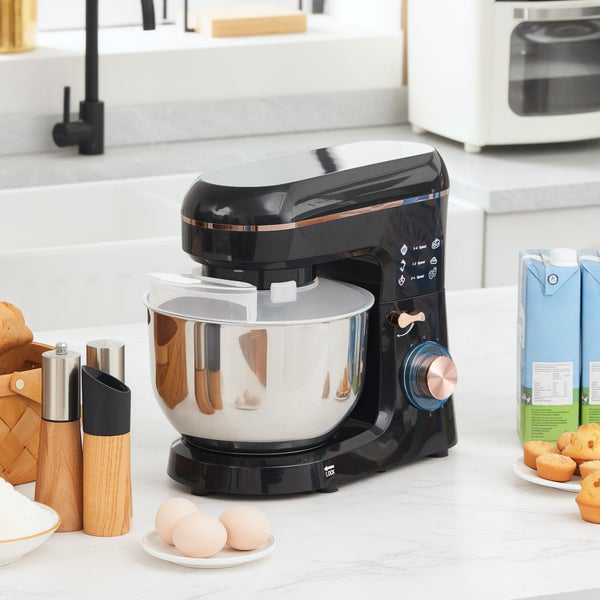 HOMCOM Küchenmaschine Teigmaschine 1400W 6+P Geschwindigkeits 5,5L Edelstahlschüssel Knetmaschine mit Teigschaber, Eiertrenner, Schlagbesen, Rührhaken, Knethaken und Spritzschutz Schwarz