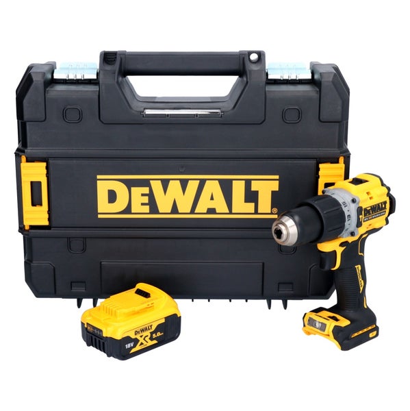 DeWALT Akku-Bohrschrauber Set mit 18 Volt XR bürstenlosem Bohrer, einem 5,0 Amperestunden Lithium-Ionen Akku und schwarzem Transportkoffer.