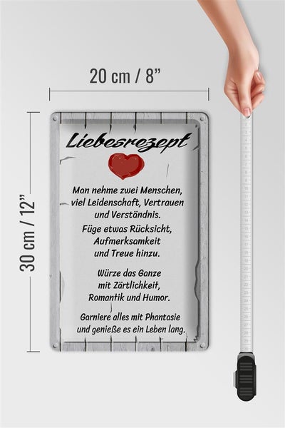 Blechschild Spruch 20x30cm Liebesrezept nehme 2 Menschen