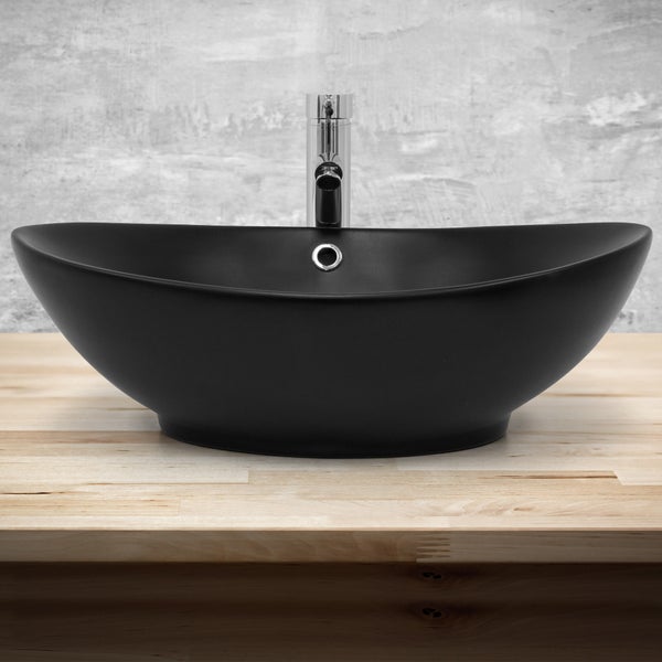 ML-Design Waschbecken aus Keramik in Schwarz Matt 59x38x19cm Ovale Aufsatzwaschbecken, Moderne Waschtisch, Waschschale mit Überlauf und Abflussloch, Waschplatz Handwaschbecken, für Badezimmer/Gäste-WC