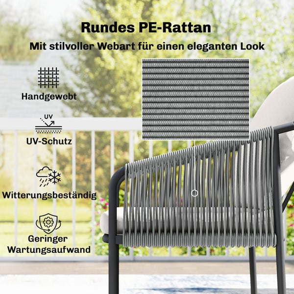 Gartenstuhl aus handgewebtem rundem Polyethylen-Rattan mit Ultraviolett-Schutz, witterungsbeständig und pflegeleicht.