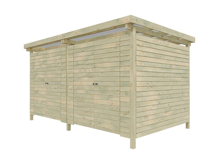 Garten-Geräteschrank aus Holz mit zwei Doppeltüren, Lamellenwänden und Pultdach.