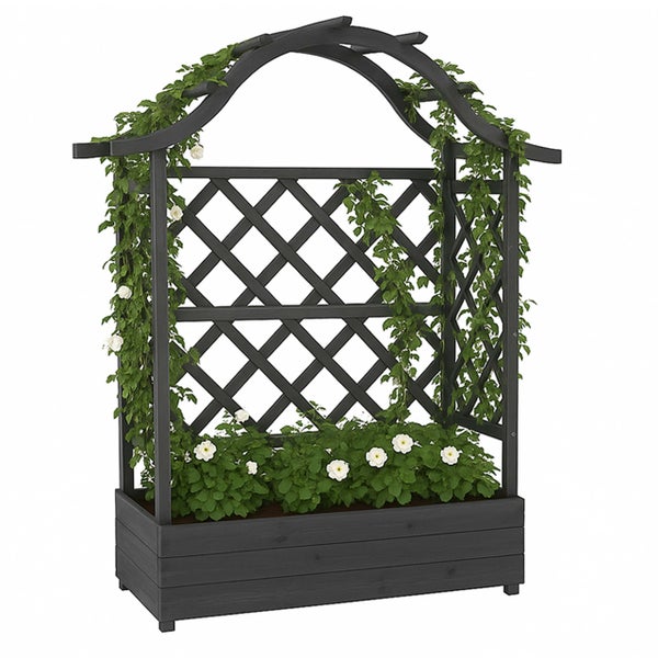 Pflanzkasten aus Holz in Anthrazit mit integriertem Rankgitter und bogenförmigem Dachaufsatz, bepflanzt mit weißen Blumen.