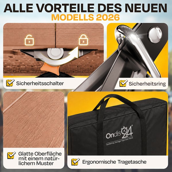 Merkmale des Modells 2026: Sicherheitsschalter, Sicherheitsring, glatte Oberfläche mit natürlichem Muster und Tragetasche mit Ondis24 Logo.
