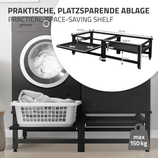 Untergestell für Waschmaschine und Trockner mit ausziehbaren Ablagen und einer maximalen Traglast von 150 Kilogramm.