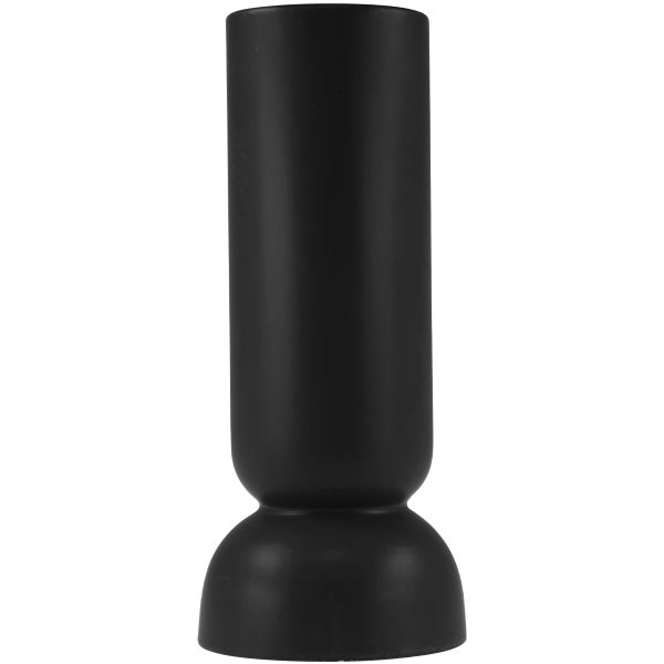 Schwarze Keramikvase mit zylindrischem Korpus und bauchigem Sockel.