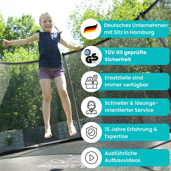 Mädchen springt auf Gartentrampolin mit Sicherheitsnetz; Deutscher Firmensitz in Hamburg; TÜV GS geprüfte Sicherheit; Ersatzteile sind immer verfügbar; schneller und lösungsorientierter Service; 15 Jahre Erfahrung und Expertise; ausführliche Aufbauvideos.