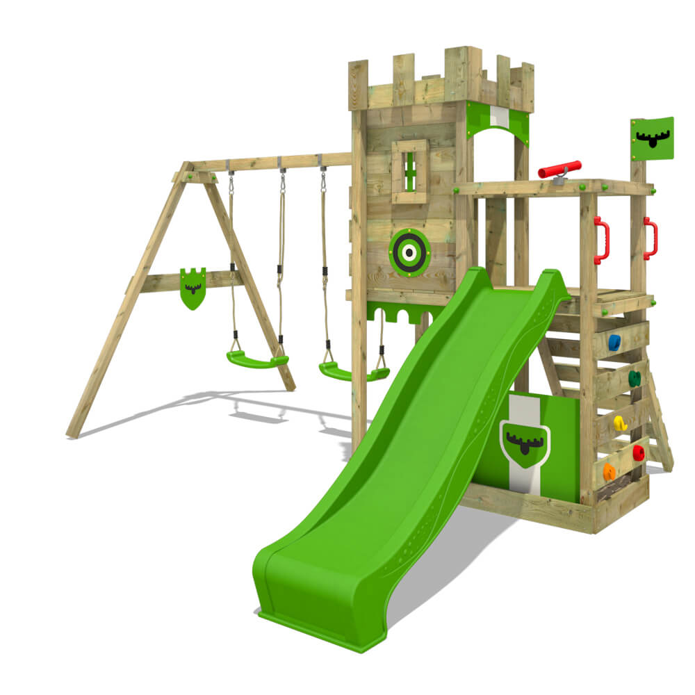 Fatmoose Spielturm Klettergerüst BoldBaron mit Doppelschaukel und Rutsche  – apfelgrün
