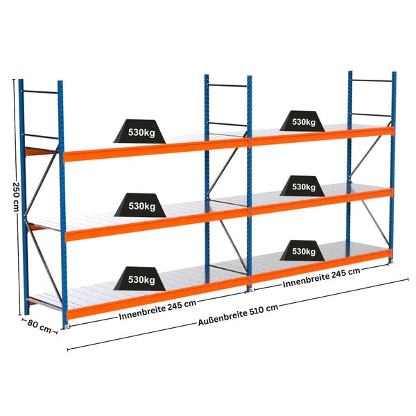 Abmessungen eines Schwerlastregals mit drei Ebenen und einer Traglast von 530 Kilogramm pro Ebene