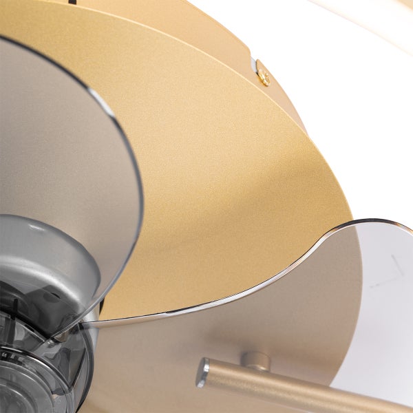 Nahaufnahme eines Deckenventilators mit goldfarbenem Metallgehäuse und transparenten Flügeln aus Acryl.