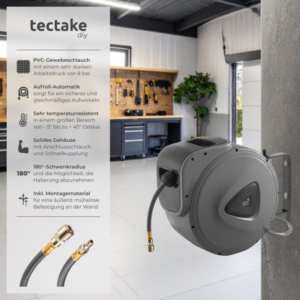 Druckluftschlauch mit Trommel tectake  inklusive Montagematerial mit ¼ Zoll Schnellkupplung grau