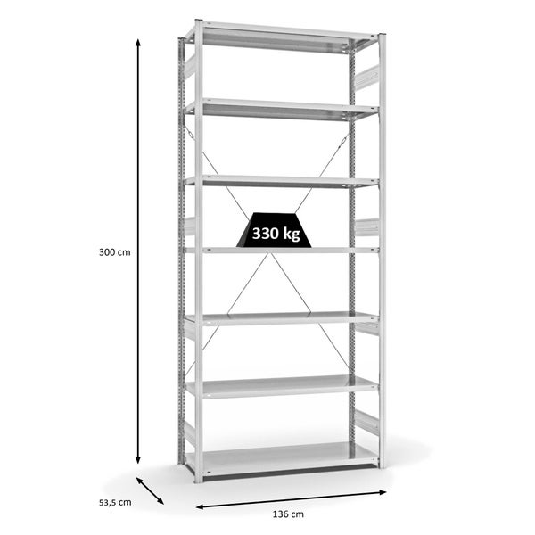PROREGAL Fachbodenregal Stecksystem T-Profil Heavy-Duty Grundregal HxBxT 300 x 130 x 50 cm 7 Ebenen Fachlast 330 kg Einseitig Nutzbar Lichtgrau