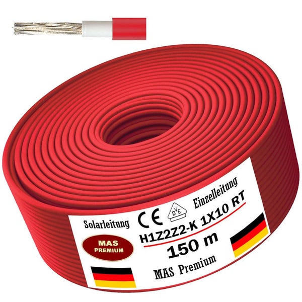 MAS Premium Solarleitung H1Z2Z2-K 10 Quadratmillimeter, 150 Meter Rolle, rote Einzelleitung, CE-Kennzeichnung, VDE-geprüft.