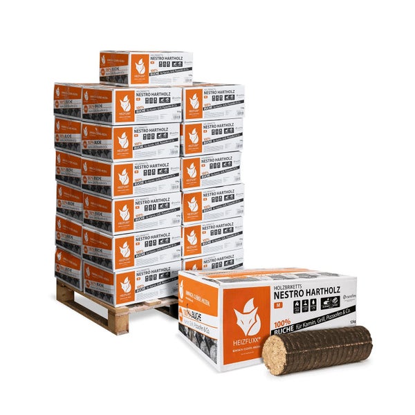 Eine Palette mit Heizfuxx Holzbriketts aus Nestro Hartholz aus 100 Prozent Buche inklusive einzelnem Brikett für Kamin Grill und Pizzaofen.