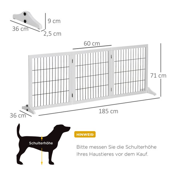 PawHut Absperrgitter für Hunde Schutzgitter Hundegitter mit Stützfüßen Treppengitter Hundeabsperrgitter Türschutzgitter für Kamin & Ofen, Kiefernholz Weiß 185 x 36 x 71 cm