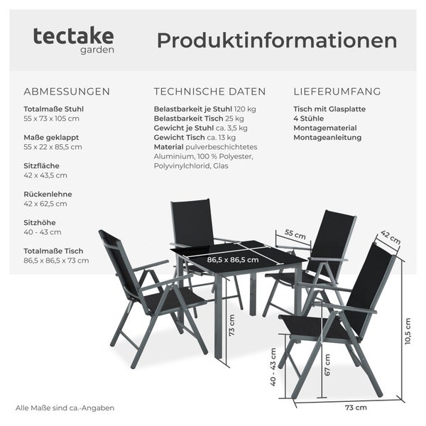 Sitzgruppe tectake Stabia Tisch mit Sicherheitsglasplatte und Ausgleichsschrauben mit Aluminiumgestell, für 4 Personen anthrazit