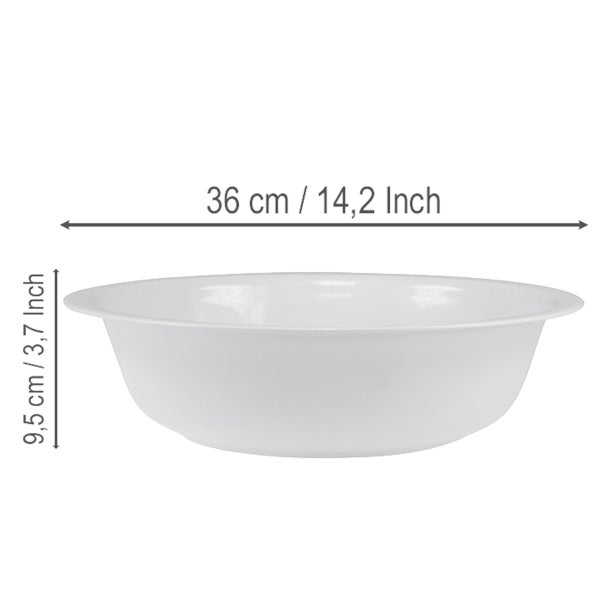 Weiße Kunststoffschüssel mit einem Durchmesser von 36 Zentimetern und einer Höhe von 9,5 Zentimetern.