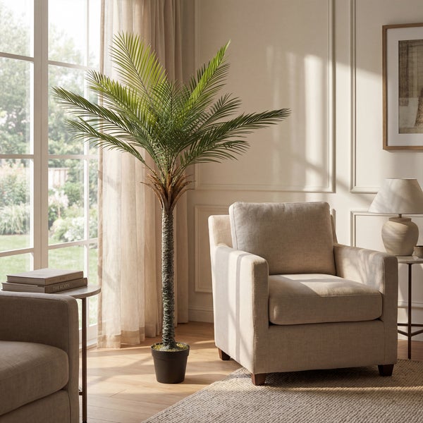 Künstliche Palme in einem Topf, aufgestellt in einem hellen Wohnzimmer neben einem Sessel und einem Fenster mit Vorhängen.