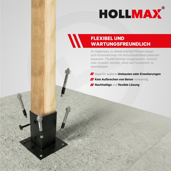HOLLMAX Logo. Montage eines Holzpfostens in einer schwarzen Aufschraubhülse auf Beton mit Bolzenankern. Vorteile der flexiblen Anwendung.