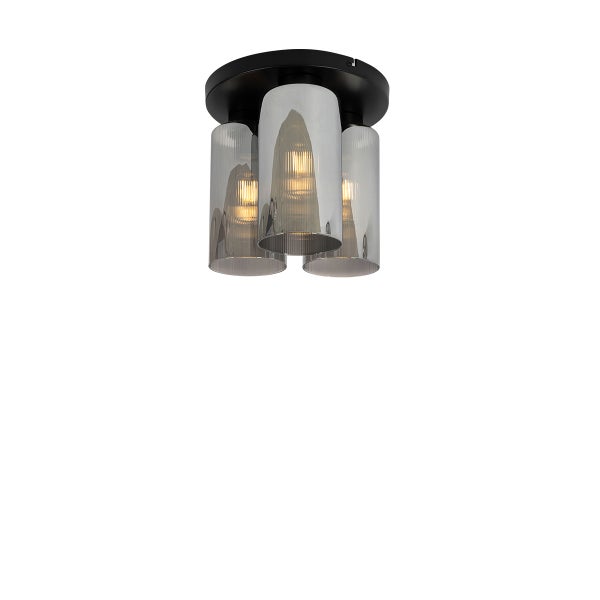 Dreiflammige Deckenleuchte mit schwarzer Halterung und drei zylindrischen Schirmen aus Rauchglas.