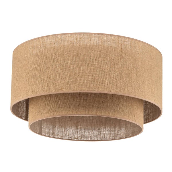 Runder, zweistufiger Lampenschirm aus beigem Textil.