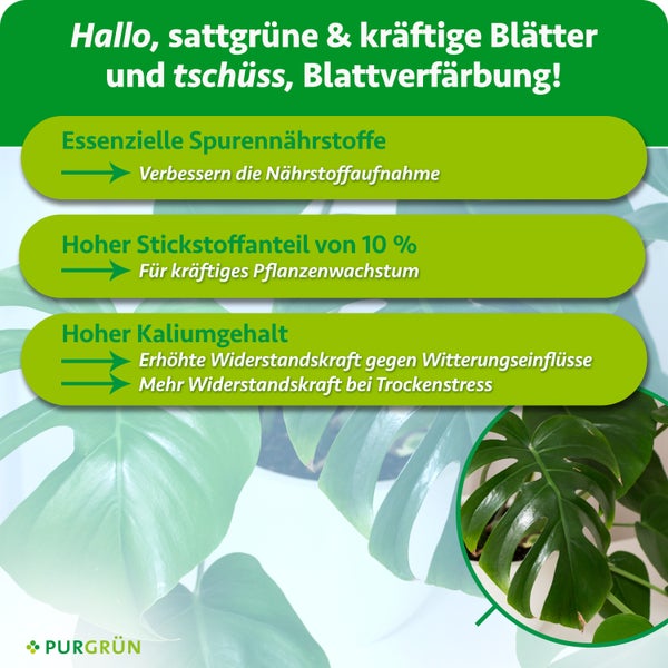 Infografik zu Pflanzendünger von Purgrün mit Hinweisen zu Spurennährstoffen, Stickstoffgehalt und Kaliumgehalt für gesundes Pflanzenwachstum.