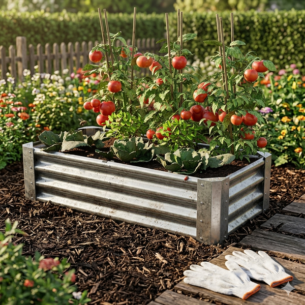 Hochbeet aus Metall im Garten mit Tomatenpflanzen, Gemüse und Gartenhandschuhen auf Rindenmulch.