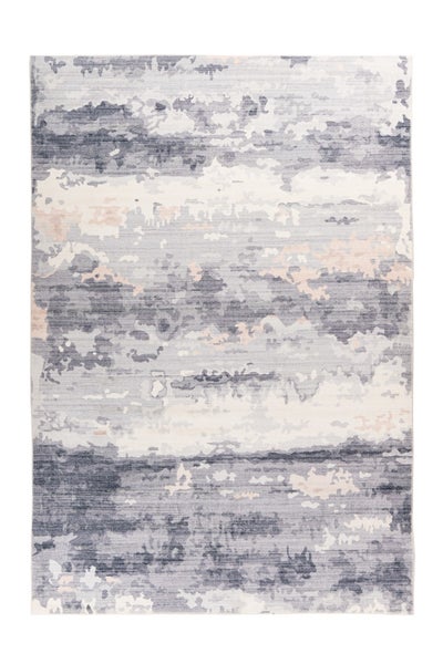 Rechteckiger Teppich mit abstraktem Muster in Grau und Weiß.