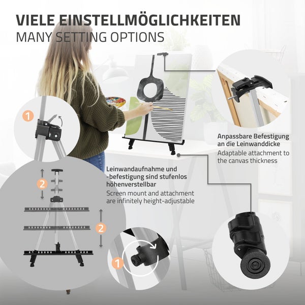 ECD Germany Staffelei, Atelierstaffelei aus Aluminium, Silber, Höhenverstellbar von 50-156 cm, Stabil und Ultraleicht, Faltbare Tischstaffelei für Leinwände bis 80 cm, Feldstaffelei mit Tragetasche