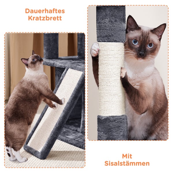 Katze an Kratzbaum mit Kratzbrett und Sisalstämmen