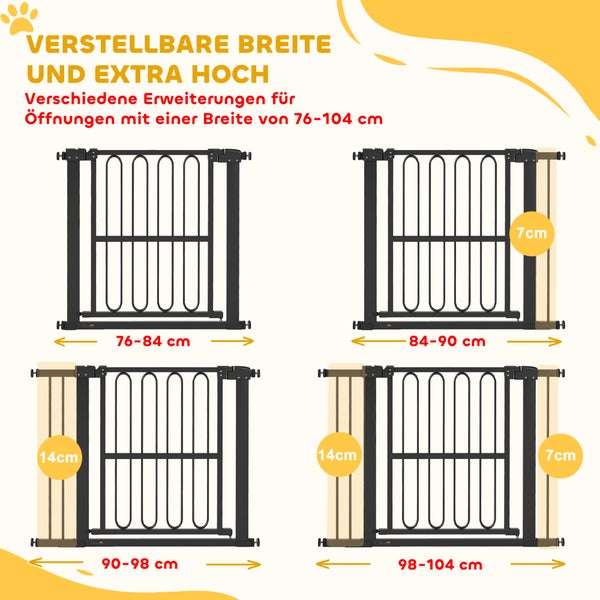 Verschiedene Einstellungen für ein extra hohes und verstellbares Schutzgitter für Öffnungen mit einer Breite von 76 bis 104 cm