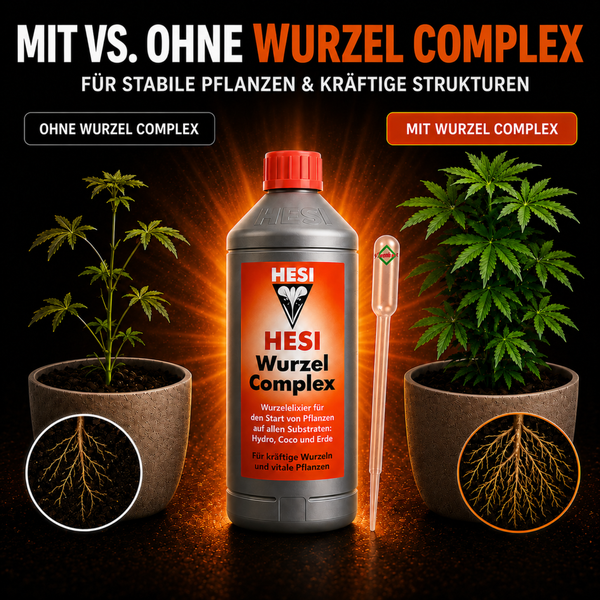 Vergleichsbild Hesi Wurzel Complex Flasche mit Wurzeln und Pflanzen im Topf fuer Kraeftigung von Wurzeln und gesundes Pflanzenwachstum.