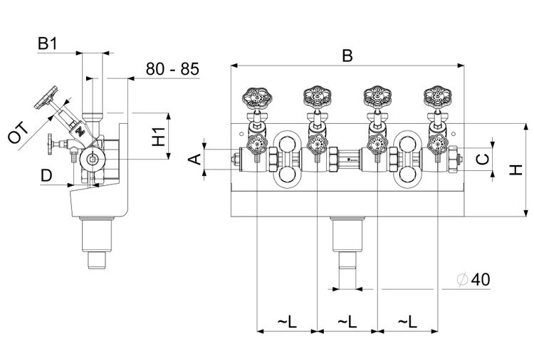 Technische Zeichnung eines Wasserverteilers mit vier Ventilen und Handrädern sowie Maßangaben in der Vorderansicht und Seitenansicht.
