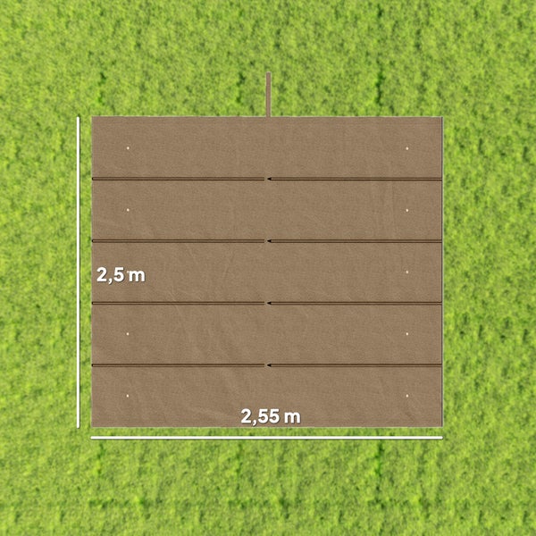 Braunes rechteckiges Sonnensegel mit den Maßen 2,5 Meter mal 2,55 Meter.