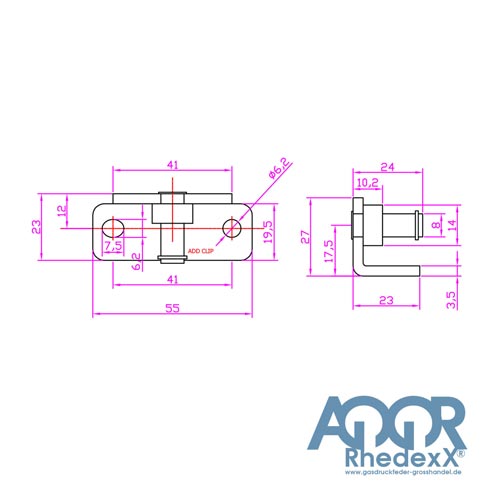 Technische Zeichnung eines Montagewinkels mit detaillierten Maßangaben in Millimetern und AQQR Rhedexx Logo.
