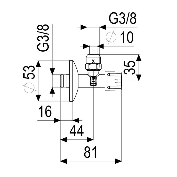 Maßzeichnung für ein Eckventil mit Gewinde G 3/8 Zoll und 10 Millimeter sowie detaillierten Maßangaben in Millimeter.
