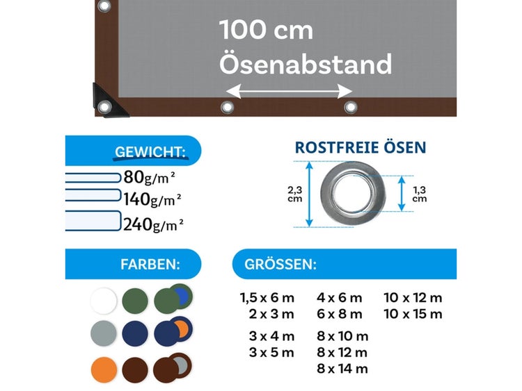 FLOORDIREKT Abdeckplane - Wasserdichte Plane - mit Ösen - Schutzplane - 80 g/m² - 8 x 14 m - Braun-Silber
