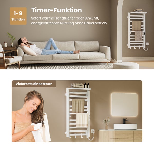 EMKE Handtuchwärmer elektrisch 1000 x 500 mm Hochglanz Weiß WLAN Steuerung Touchdisplay Regal Haken IPX5 280W