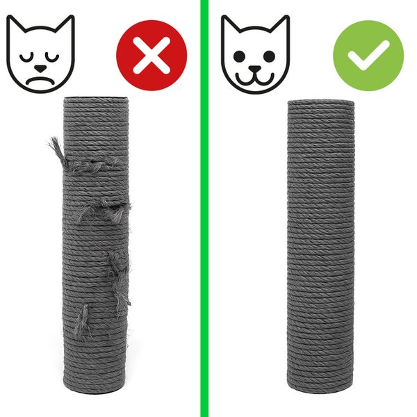 Vergleichsbild eines abgenutzten Kratzbaumstamms mit beschädigtem Sisalseil und eines neuen, intakten Kratzstamms mit Sisalwicklung für Katzen.