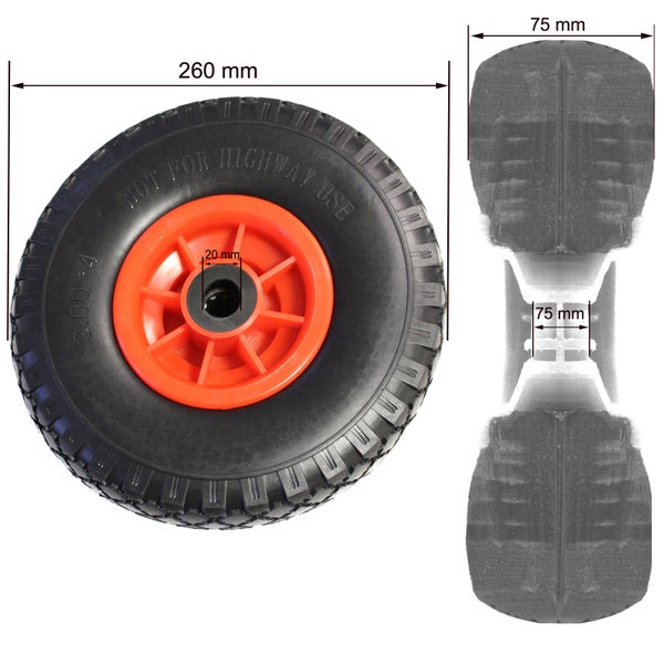 Schubkarrenrad mit Kunststofffelge, Durchmesser 260 Millimeter, Achslochdurchmesser 20 Millimeter, Radbreite 75 Millimeter.