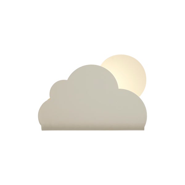 Wandleuchte für das Kinderzimmer in Form einer grauen Wolke mit beleuchteter Sonne.