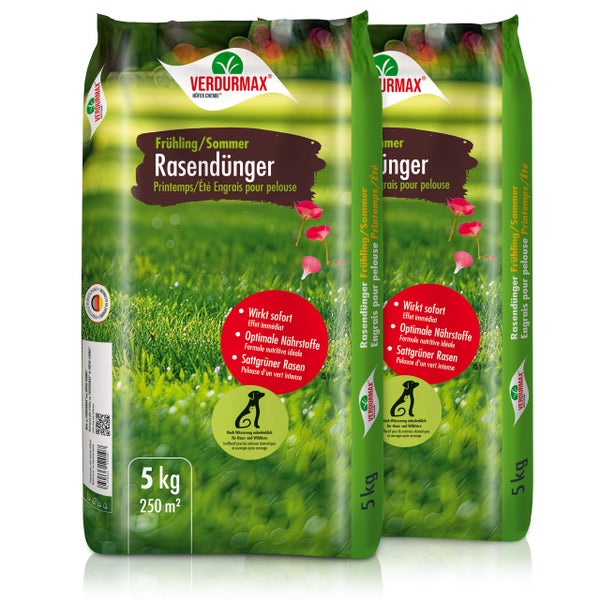 Zwei Packungen Frühlings- und Sommer-Rasendünger, jeweils fünf Kilogramm