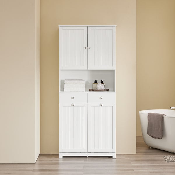 Hoher Badezimmerschrank mit Türen, Schubladen und Regalen zur Aufbewahrung von Badartikeln.