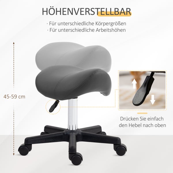 Höhenverstellbarer Sattelstuhl mit Rollen, einstellbar zwischen 45 und 59 cm