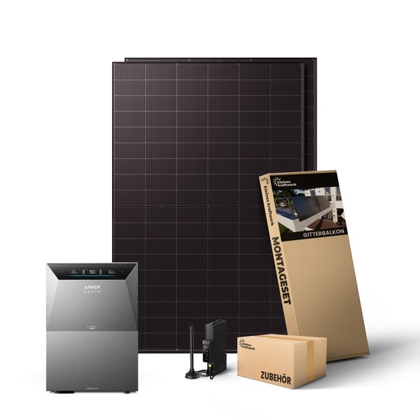 Balkonkraftwerk Komplettset mit zwei Solarmodulen, Anker SOLIX Speicher, Montageset für Gitterbalkone und Zubehör von Kleines Kraftwerk.