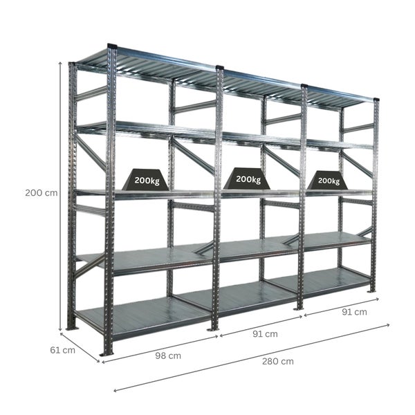 Metallregal mit den Maßen 280 x 200 x 61 cm und einer Belastbarkeit von 200 kg pro Fachboden