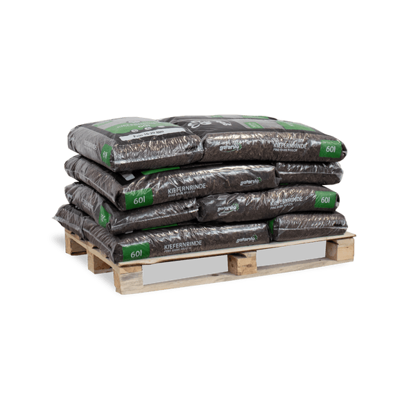 Palette mit Säcken Kieferrinde Mulch, Körnung 10 bis 20 Millimeter, Inhalt 60 Liter