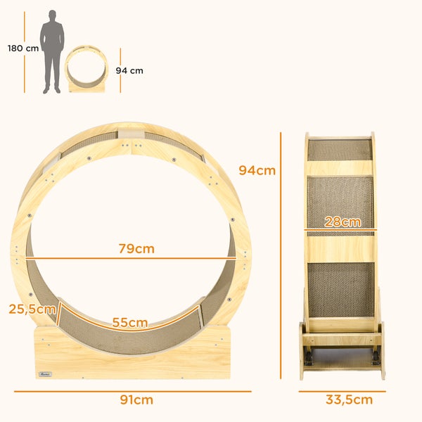 Katzenlaufrad aus Holz mit Maßen: Höhe 94 Zentimeter, Breite 91 Zentimeter, Tiefe 33,5 Zentimeter. Inklusive Größenvergleich mit einer Person.